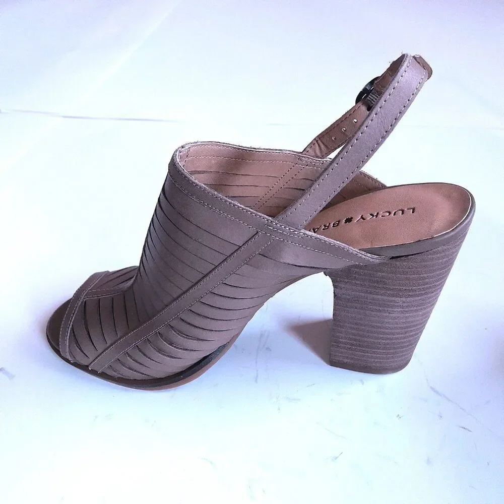 Lucky Brand Lialor Tan Leather Sandals Peep Toe Chunky Heels Women's Size 10M